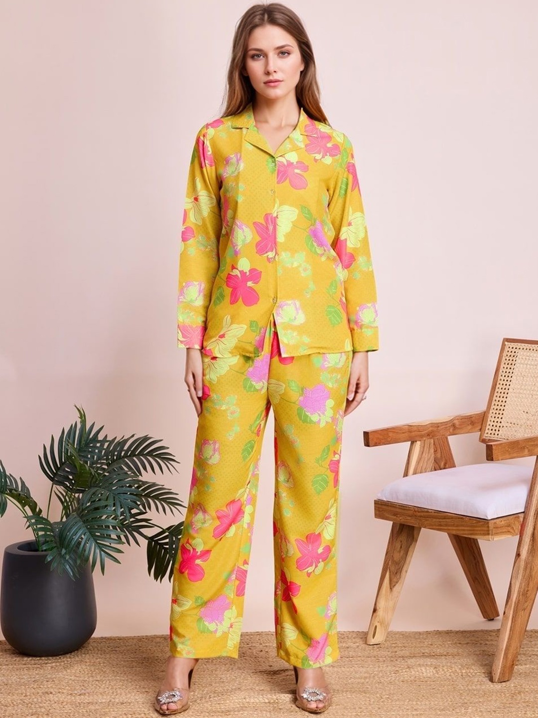 

all about you Floral Printed Lapel Collar Shirt With Trousers, Mustard