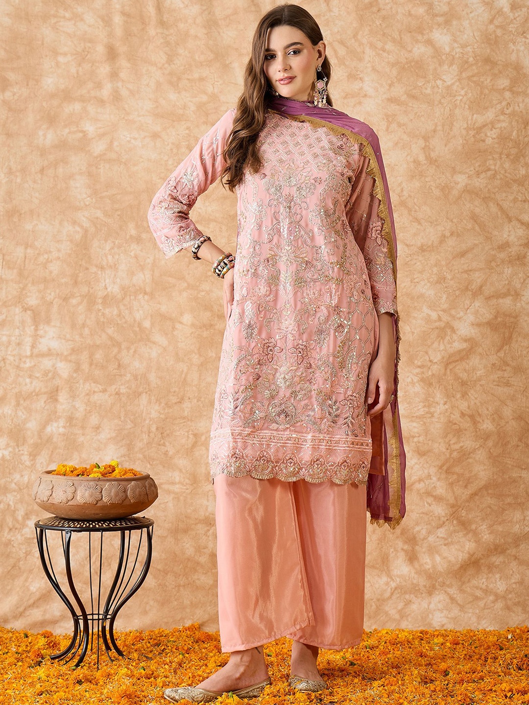 

KALINI Floral Embroidered Sequinned Silk Georgette Semi-Stitched Dress Material, Peach