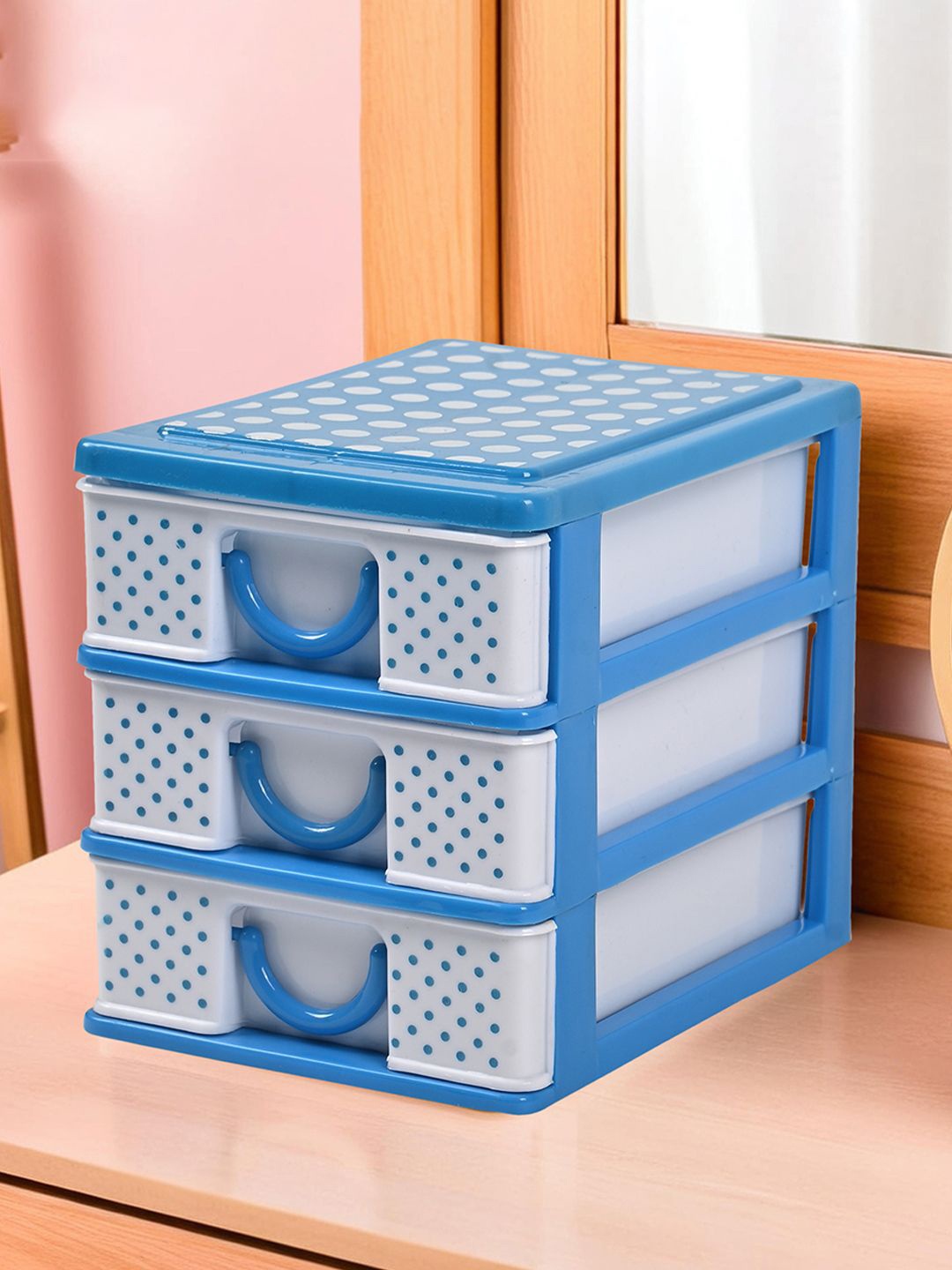 

Kuber Industries White & Blue Printed Reusable 3-Tier Desk Organiser