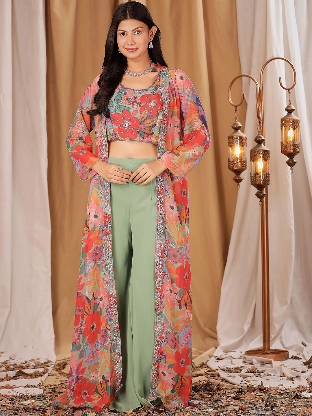 

AMOHA TRENDZ Floral Embroidered Georgette Silk Crop Top With Palazzo & Shrug, Green