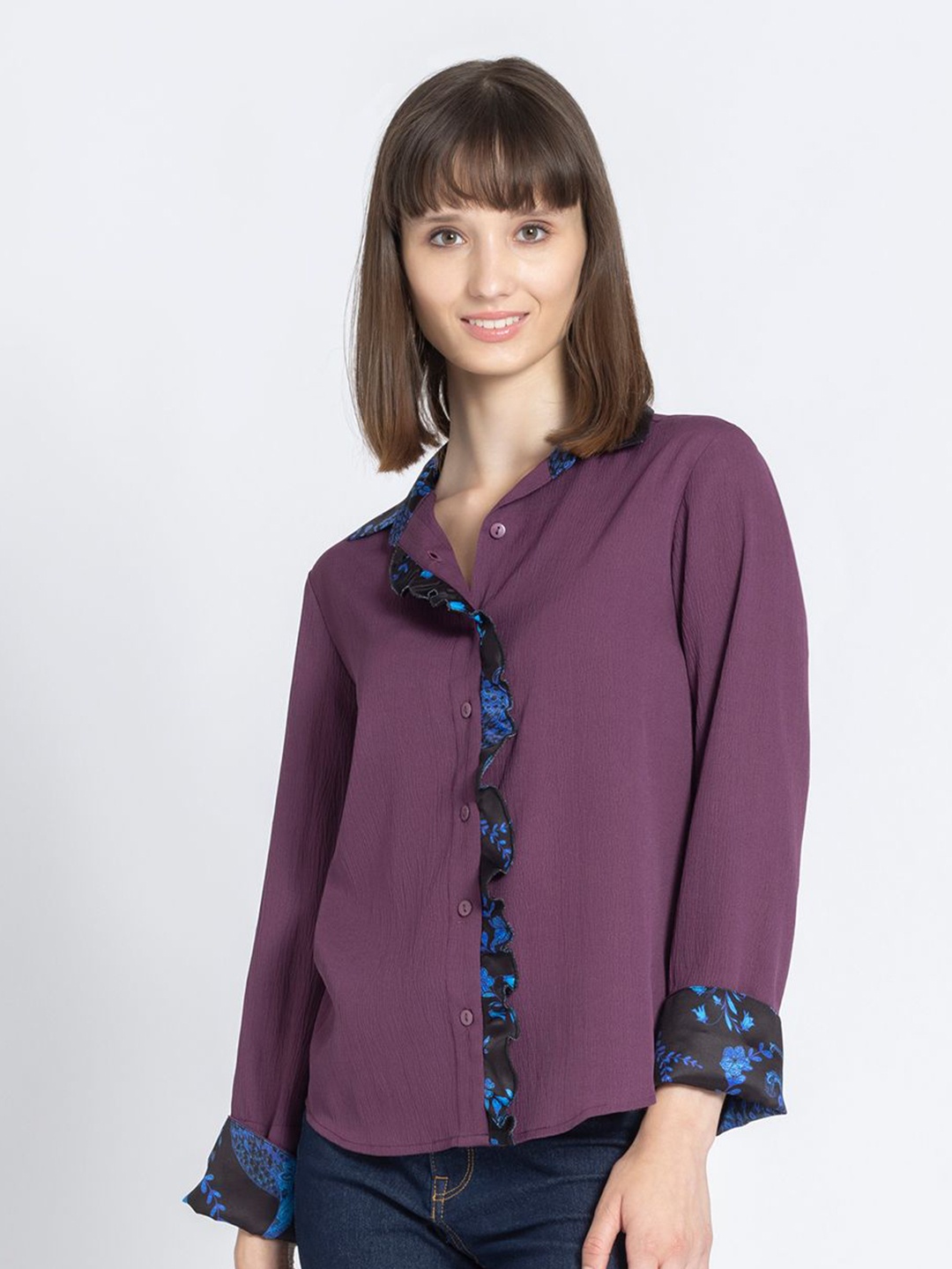 

SHAYE Women Relaxed Spread Collar Textured Relaxed Fit Casual Shirt, Purple