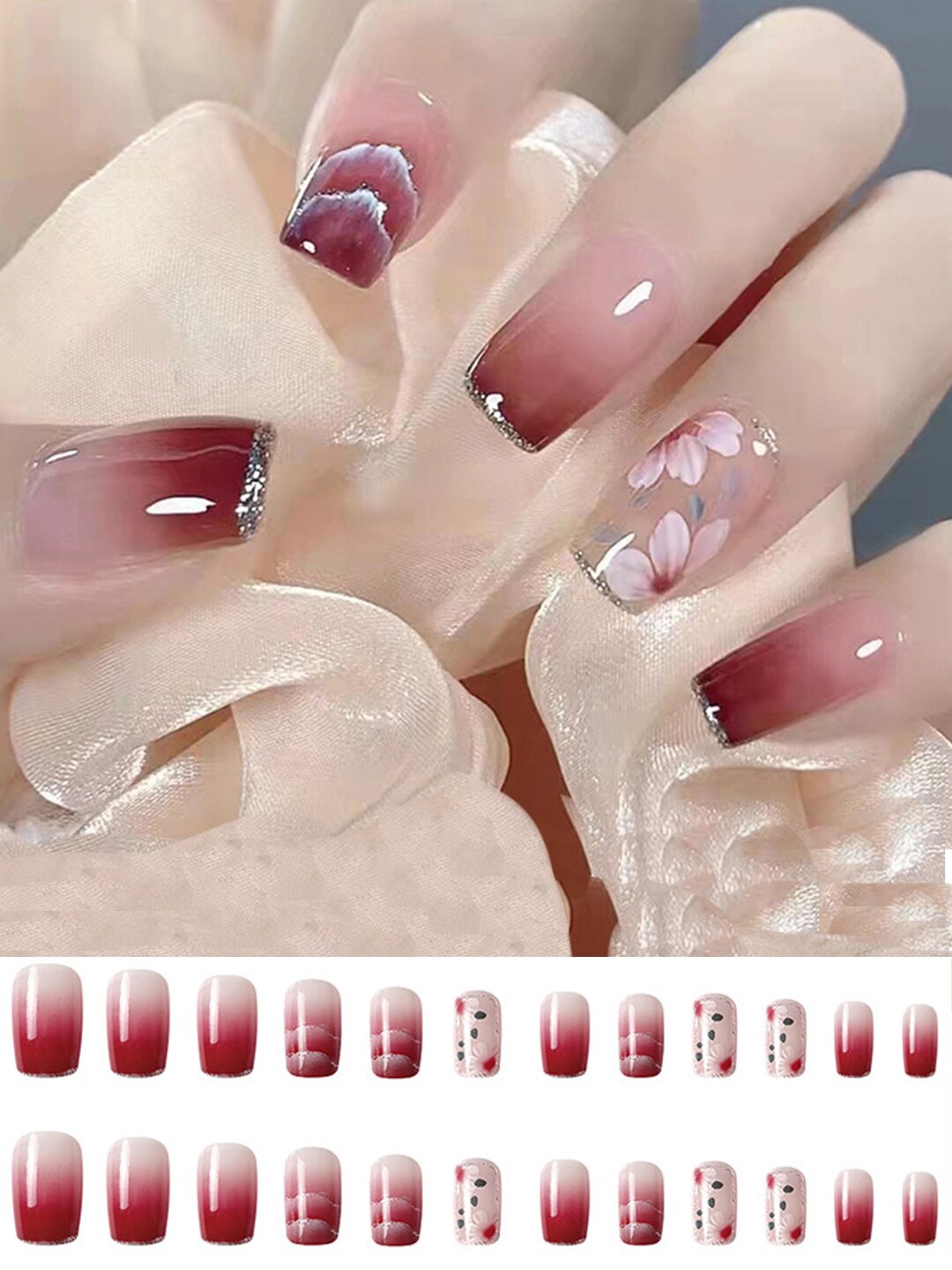 

Secret Lives 24 Pieces Red Sky Camellia Glitter Nail Extensions