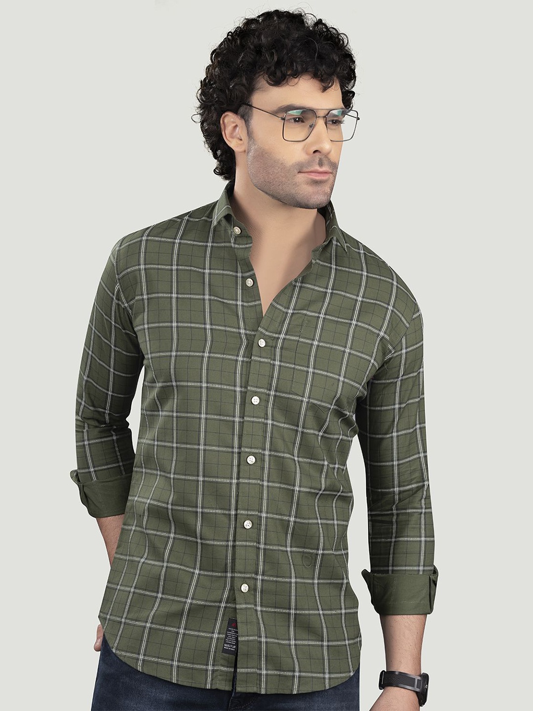 

ALMATY Men Comfort Spread Collar Windowpane Checked Cotton Slim Fit Casual Shirt, Green