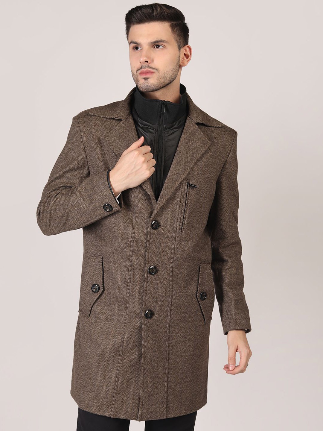 

PROTEX Men Single-Breasted Lapel Collar Winter Wear Overcoat, Brown