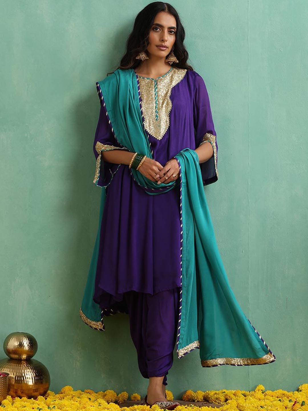

indy Raaga Yoke Design Pleated Kurta With Dhoti Pants & Dupatta, Blue