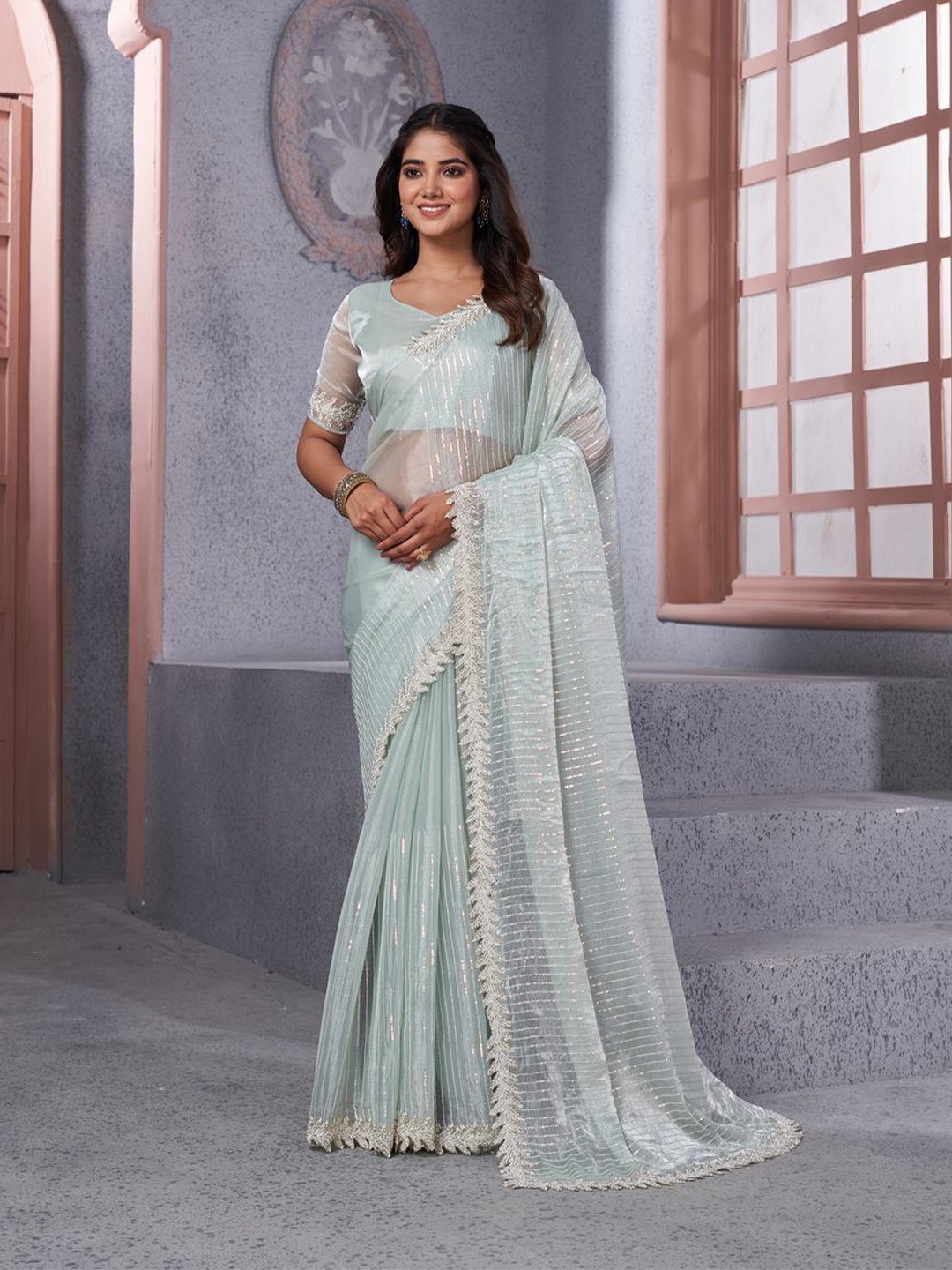 

Arron Creats Embellished Embroidered Heavy Border Saree, Sea green