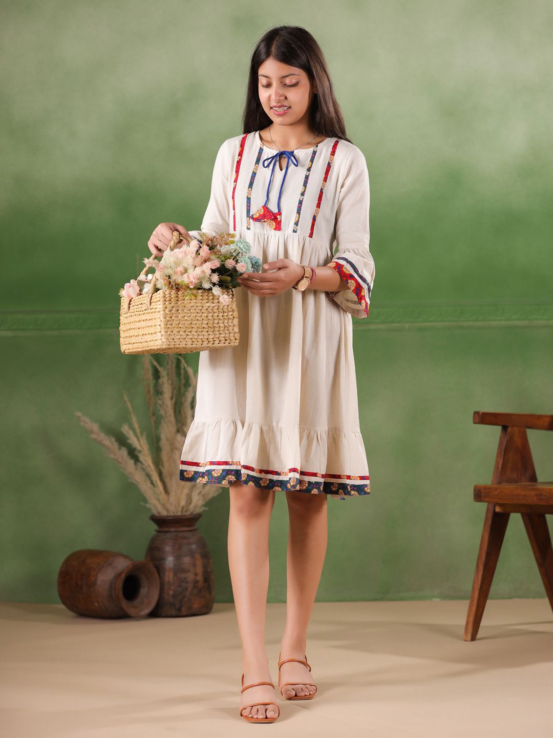 

Sangria Girls Ethnic Motifs Printed Cotton Fit & Flare Dress, Off white