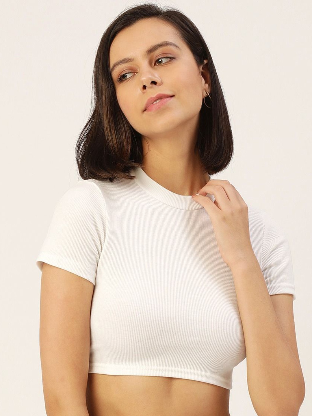 

SHECZZAR Women Round Neck Short Sleeves Cotton Crop Top, White