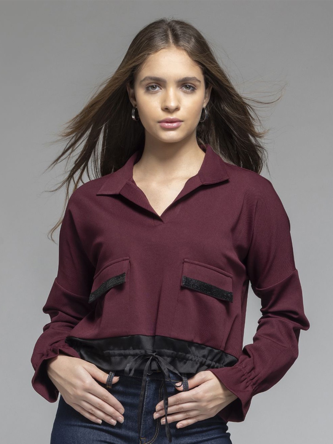 

SHAYE Shirt Collar Long Sleeves Top, Maroon