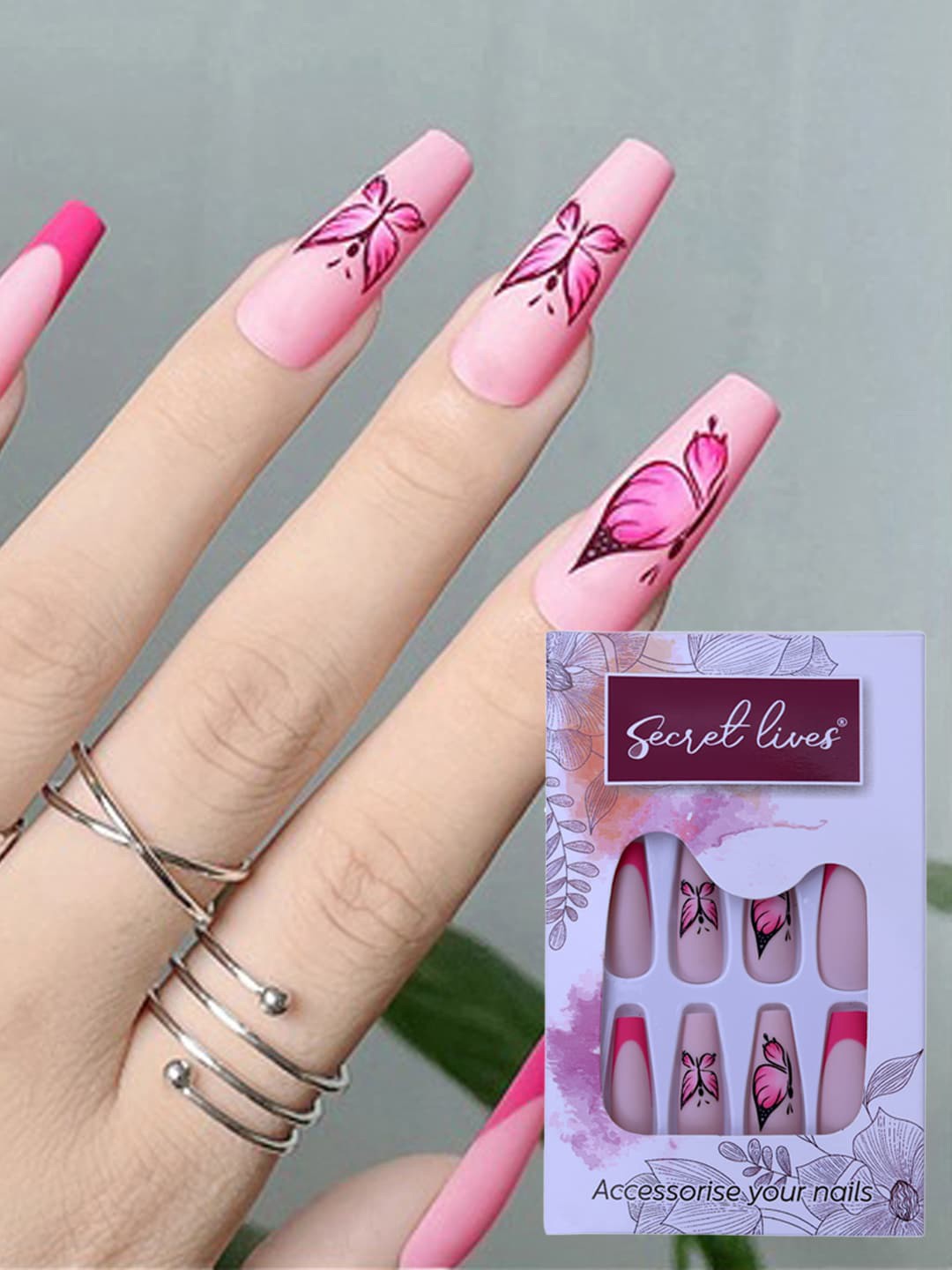 

Secret Lives 24 Pieces Long Matte Butterfly Design Fake Nails Extension, Pink