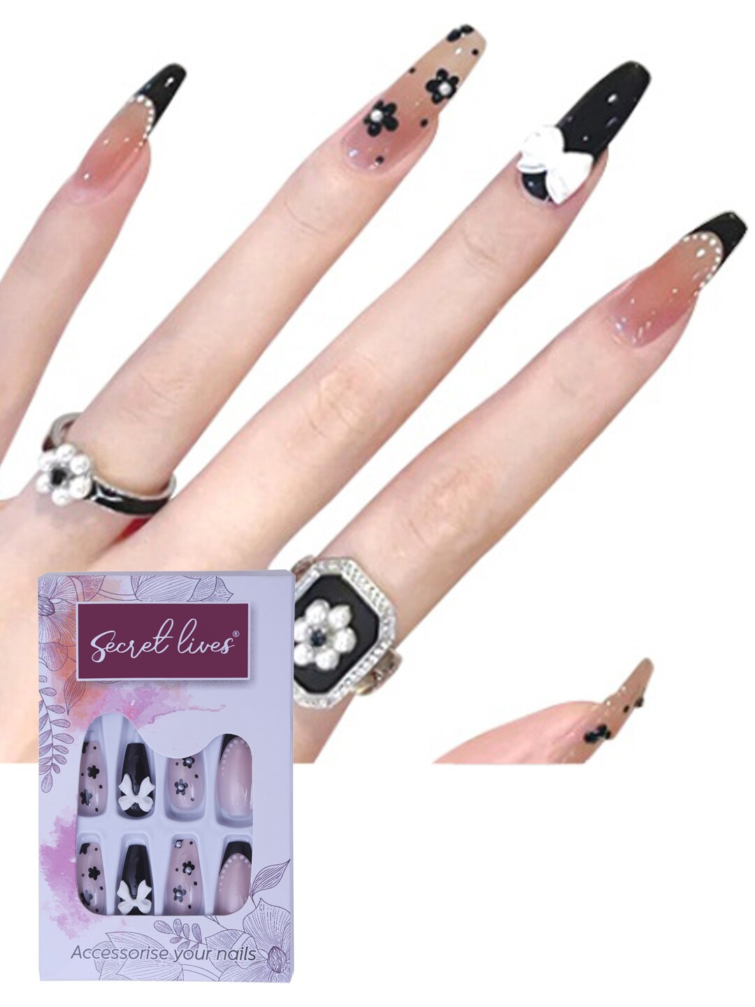 

Secret Lives 24 Pieces Translucent 3D Bow & Pearls Fake Nail Extensions, Black