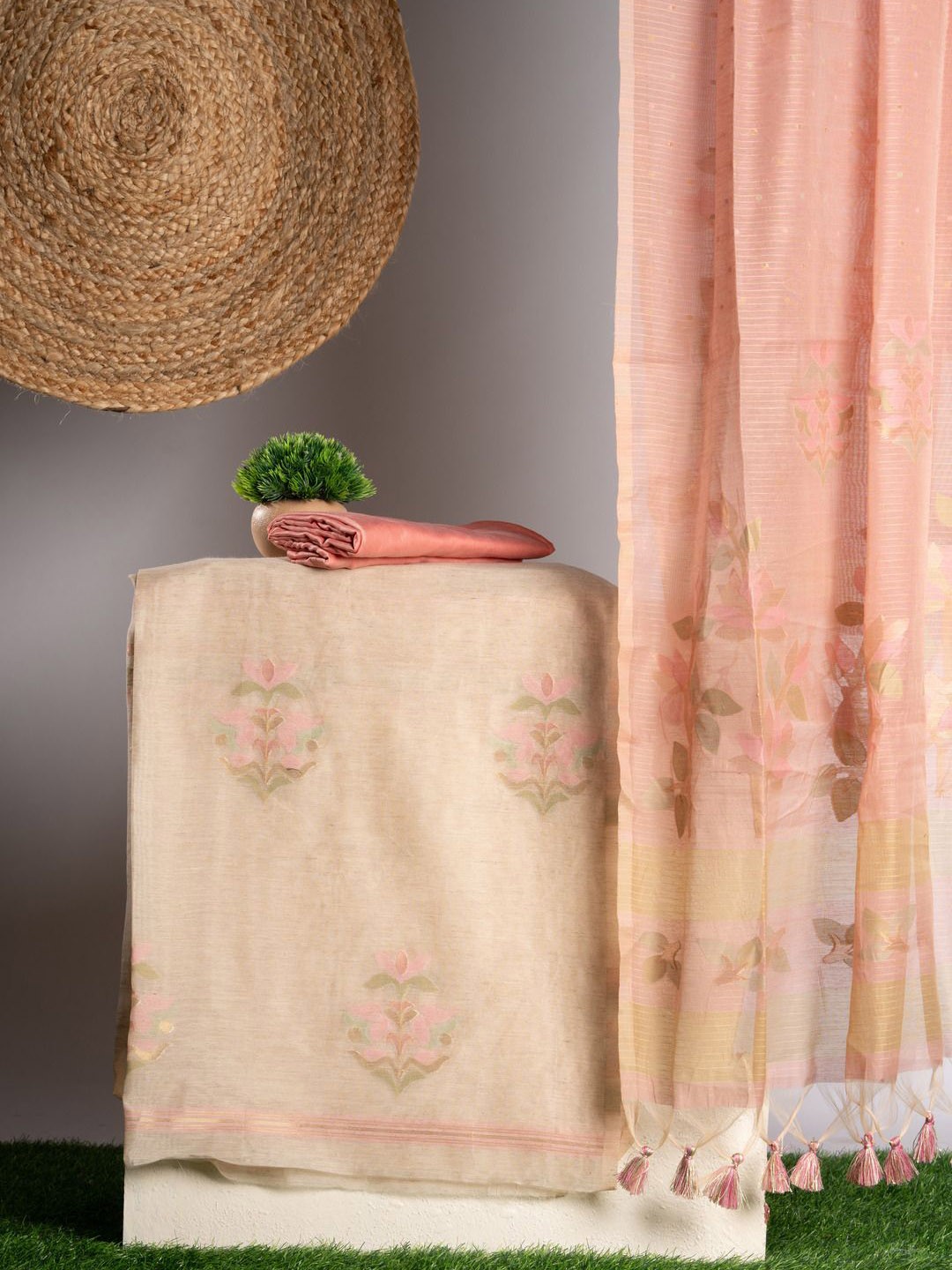 

GAJARAI Floral Woven Design Pure Cotton Unstitched Dress Material, Pink