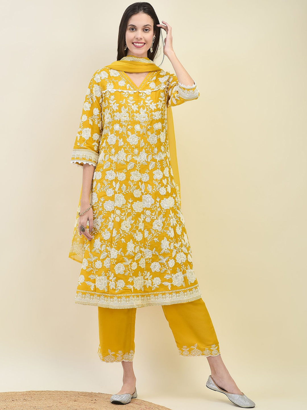 

Shree Floral Printed Liva A Line Kurta with Trousers & Dupatta, Mustard