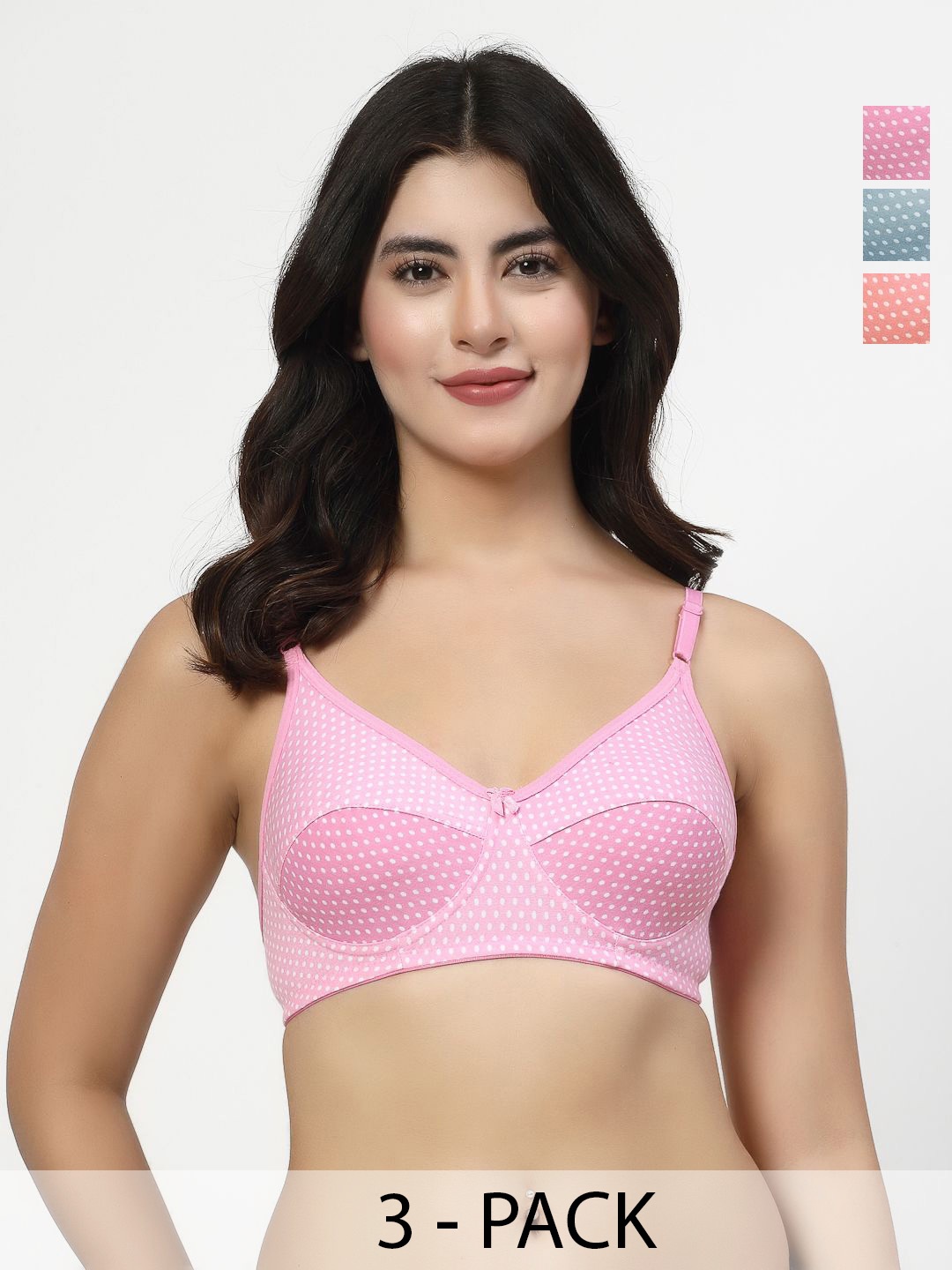 

Docare Pack Of 3 Polka Dot Printed Full Coverage Non Padded Bra, Pink