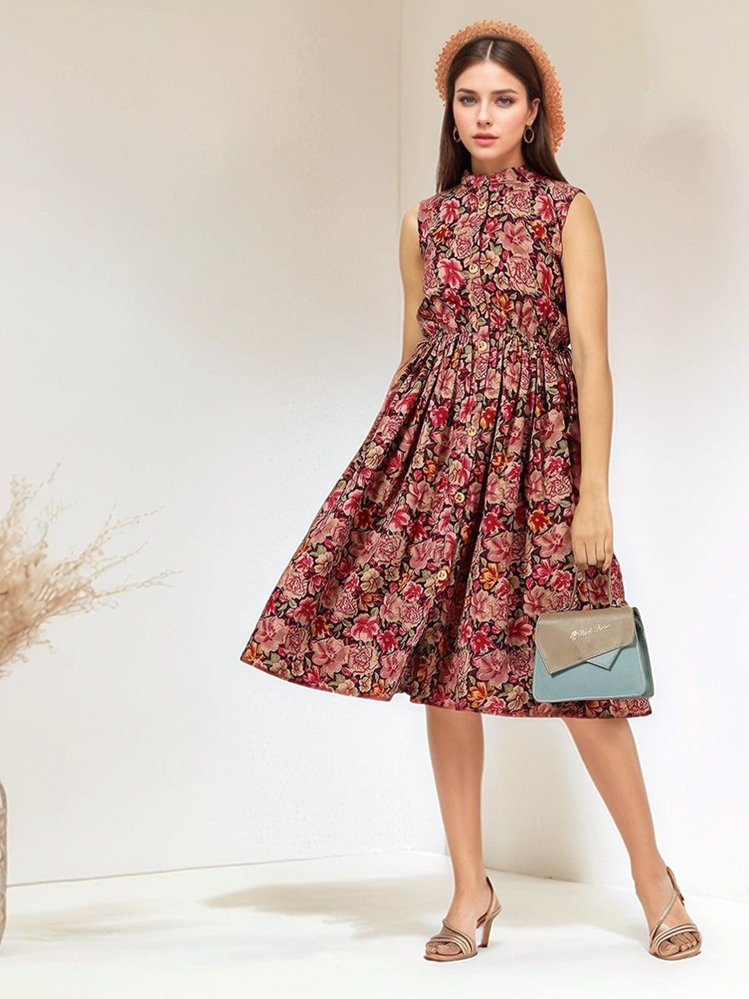 

all about you Women Cotton Floral Printed Midi Dress, Maroon