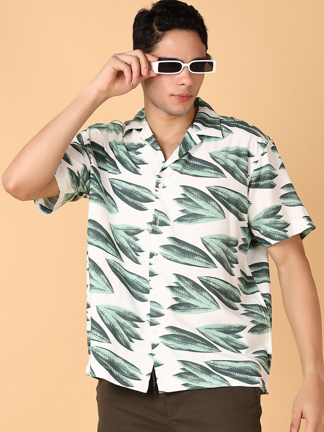 

V-Mart Men Cuban Collar Abstract Printed Casual Shirt, White