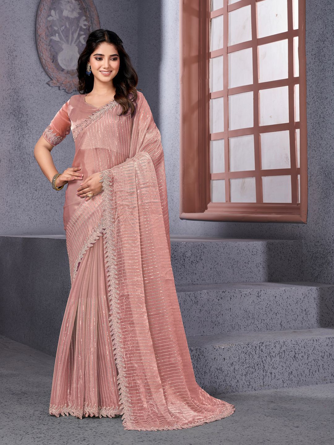 

Arron Creats Women Embellished Saree With Blouse Piece, Peach