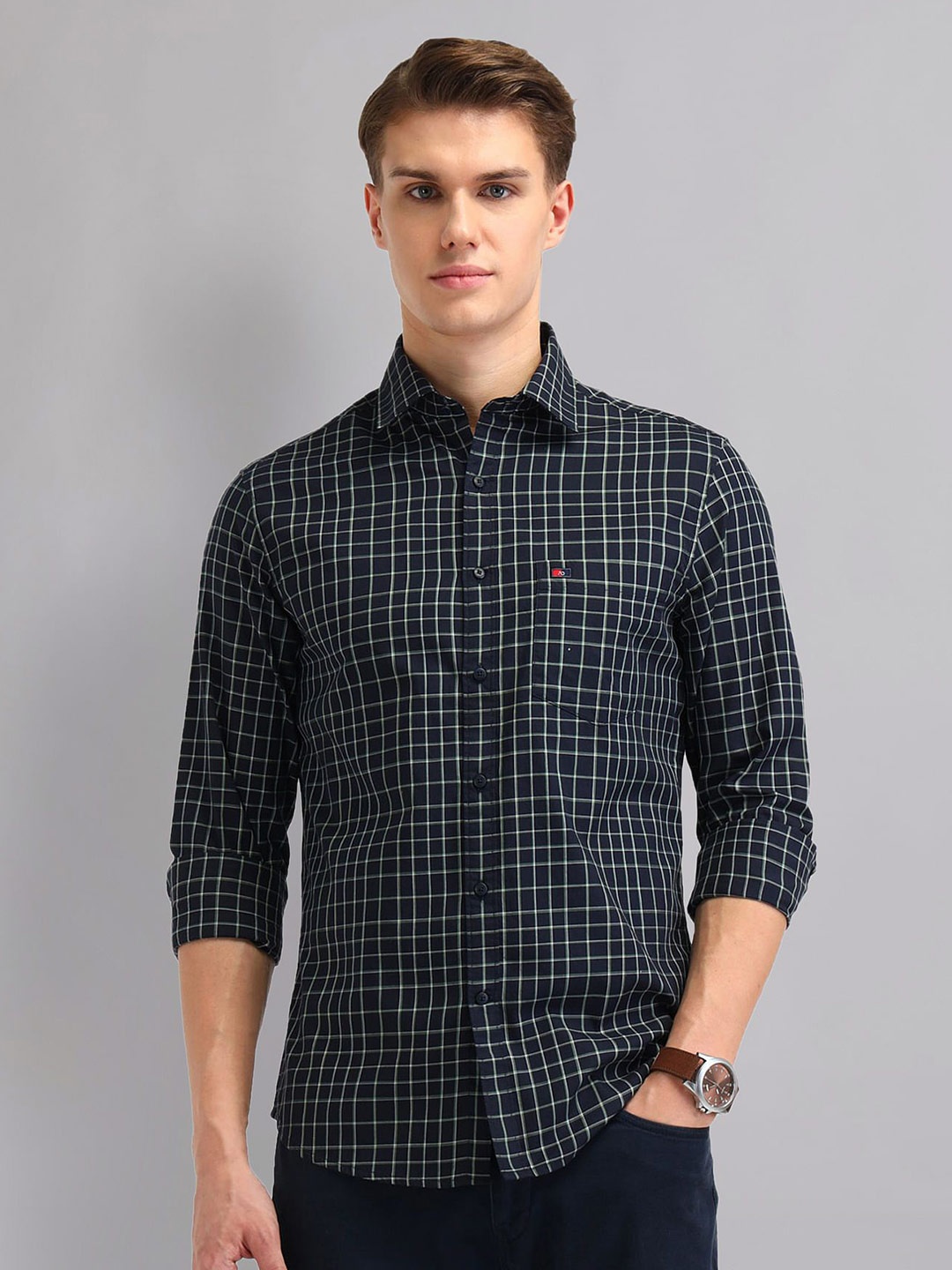 

AD By Arvind Men Spread Collar Checked Cotton Slim Fit Casual Shirt, Navy blue