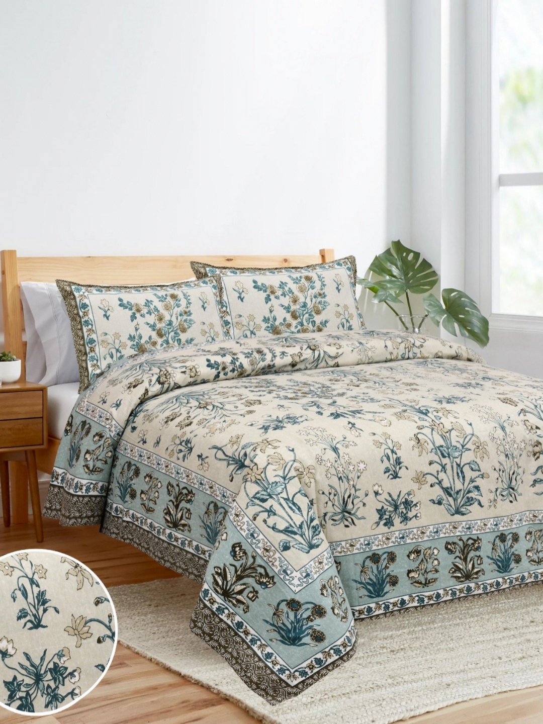 

HOME HEAVENS Beige & Green 210 TC King Bedsheet with 2 Pillow Covers
