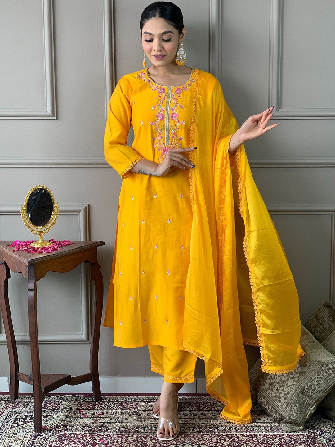 

KALINI Floral Embroidered Thread Work Chanderi Silk Kurta with Trouser & Dupatta, Mustard