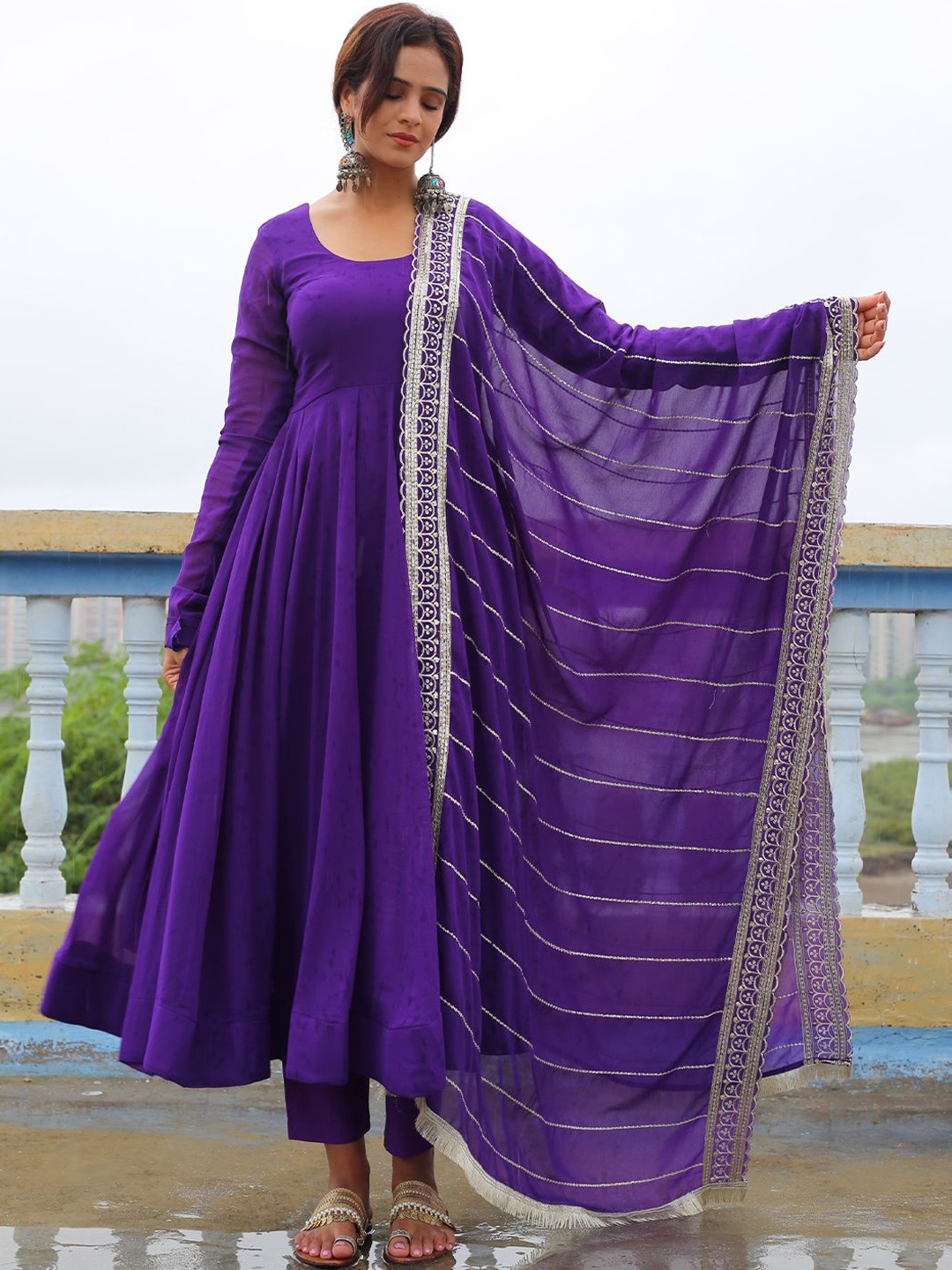 

Tanhai Round Neck Long Sleeves Anarkali Kurta With Trousers & Dupatta, Purple