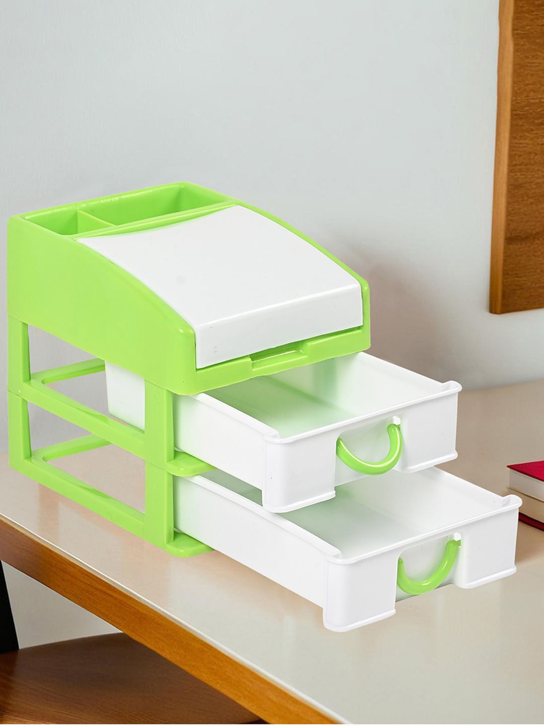 

Kuber Industries Green & White Reusable 3-Tier Stationary Organiser