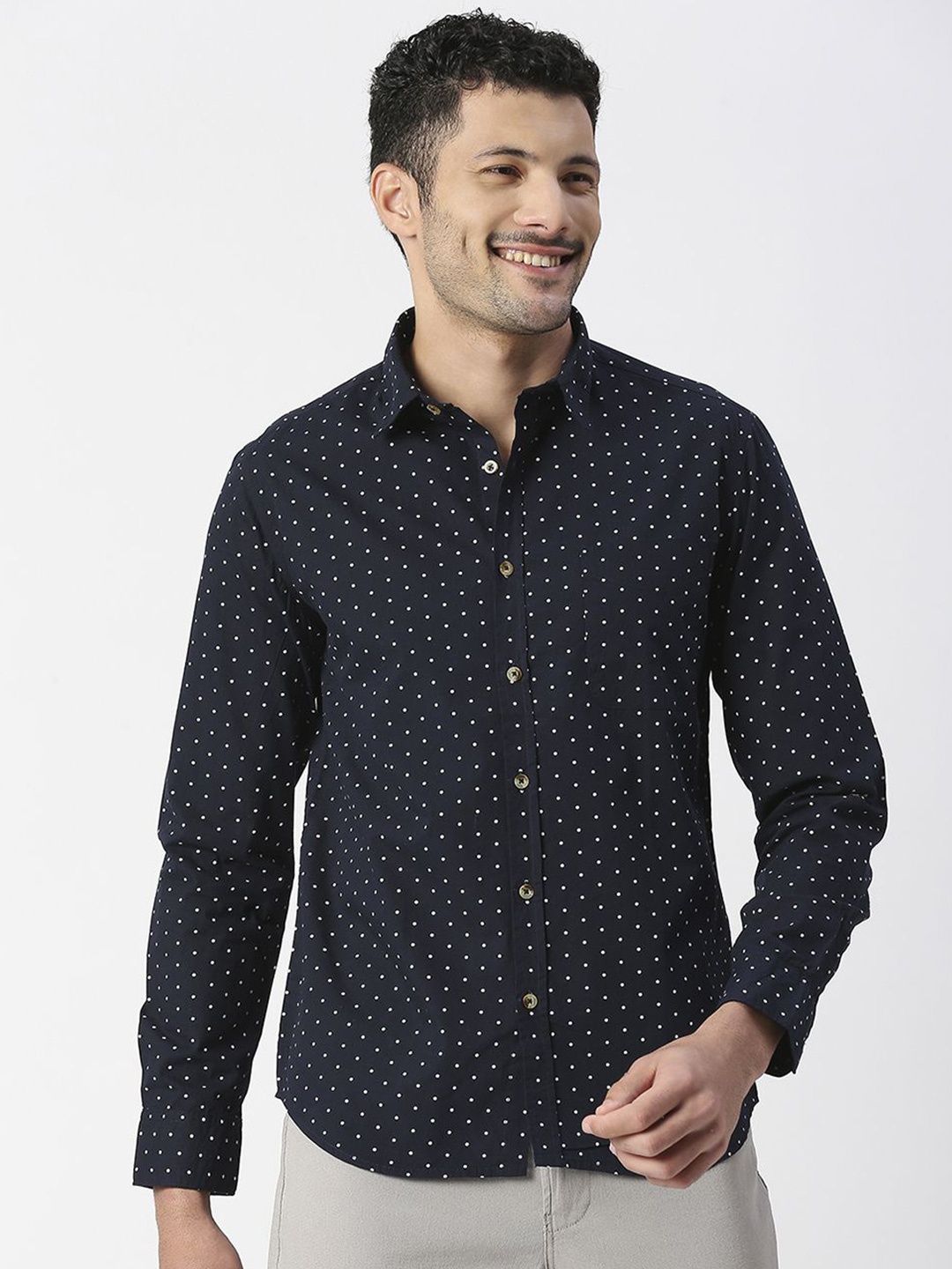 

SNX Men Spread Collar Micro Ditsy Printed Cotton Casual Shirt, Navy blue