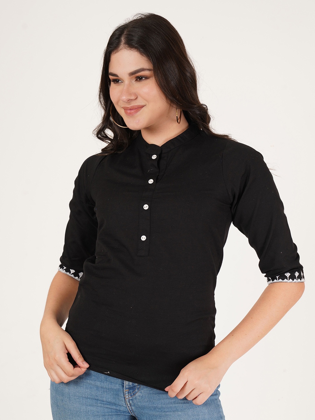 

Brownverse Women Mandarin Collar Cotton Top, Black
