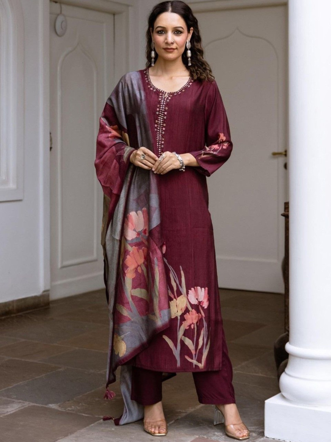 

AUTUMN LANE Floral Printed Regular Cotton Silk Straight Kurta with Trousers & Dupatta, Maroon
