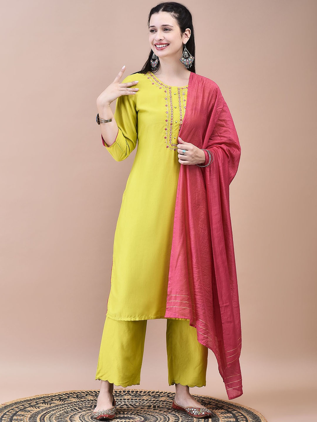

Shree Floral Embroidered Straight Kurta with Trousers & Dupatta, Lime green