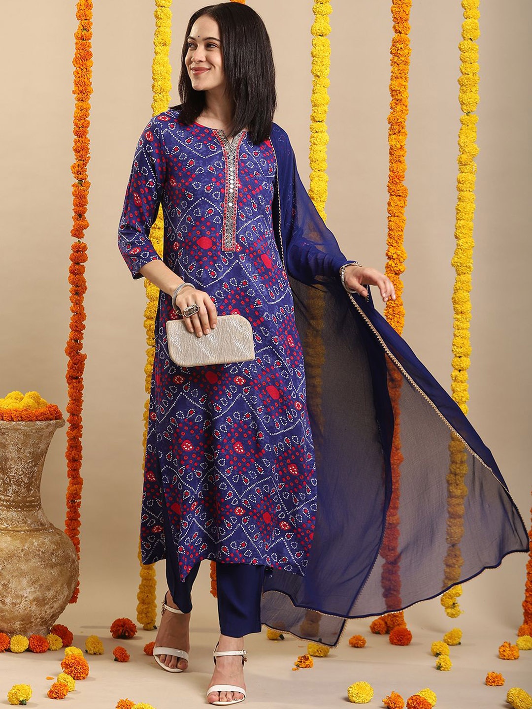 

GoSriKi Bandhani Printed Straight Mirror Work Kurta with Trousers & Dupatta, Blue