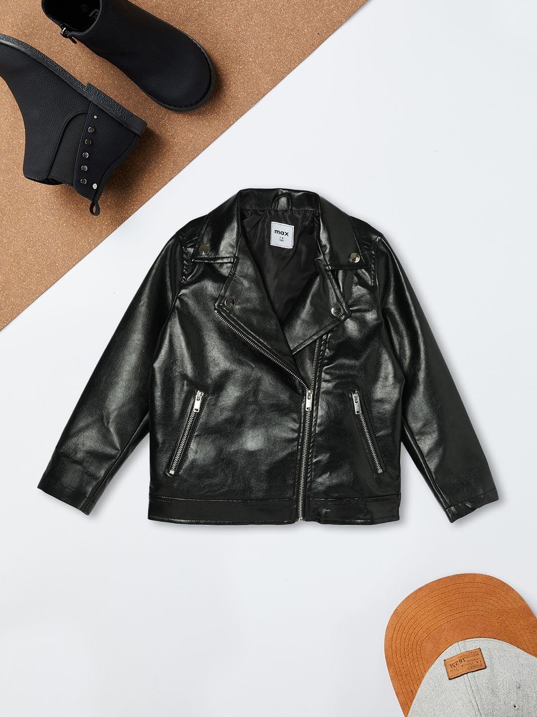 

max Girls Lapel Collar Solid Casual Biker Jacket, Black