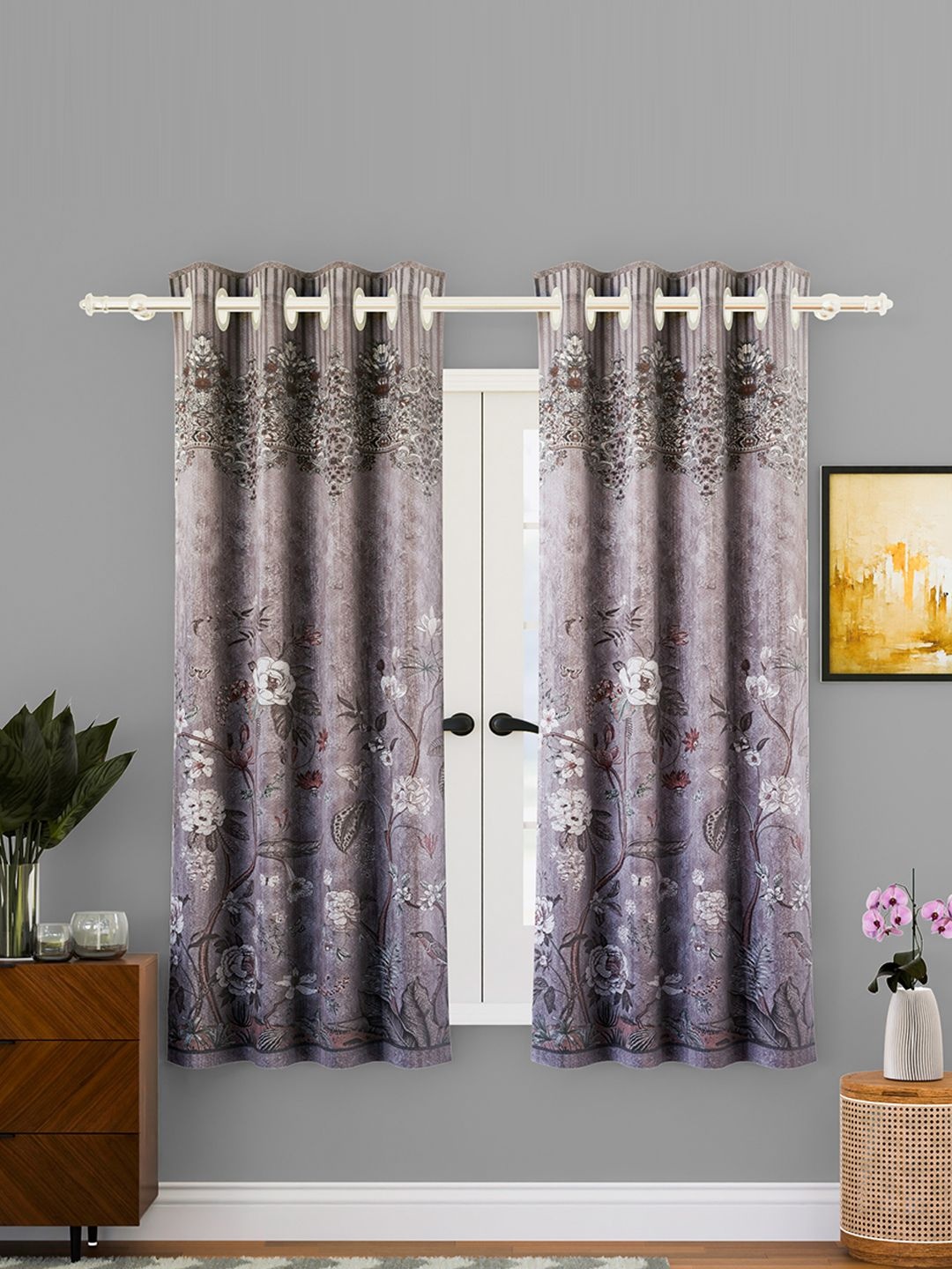 

Kuber Industries Brown 2 Pieces Floral Printed Eyelet Cotton Door Curtains