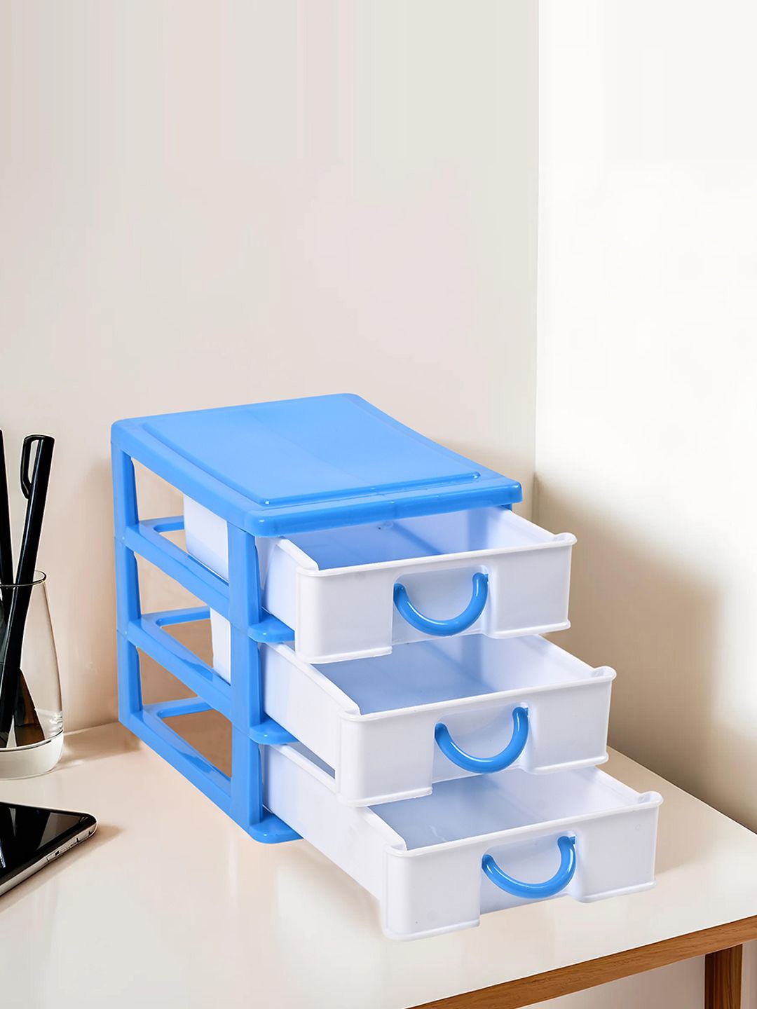 

Kuber Industries White & Blue Reusable 3-Tier Drawer Organiser