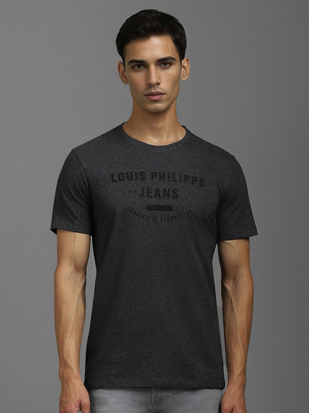 

Louis Philippe Jeans Men Typography Printed Round Neck Cotton T-shirt, Grey