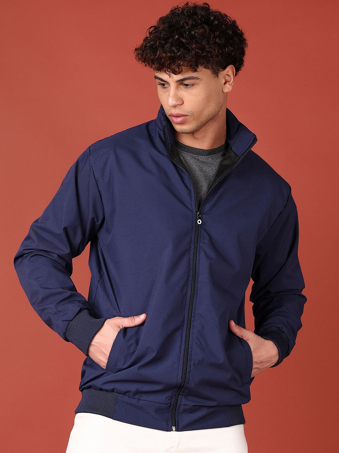 

V-Mart Men Mock Collar Solid Cotton Casual Bomber Jacket, Navy blue