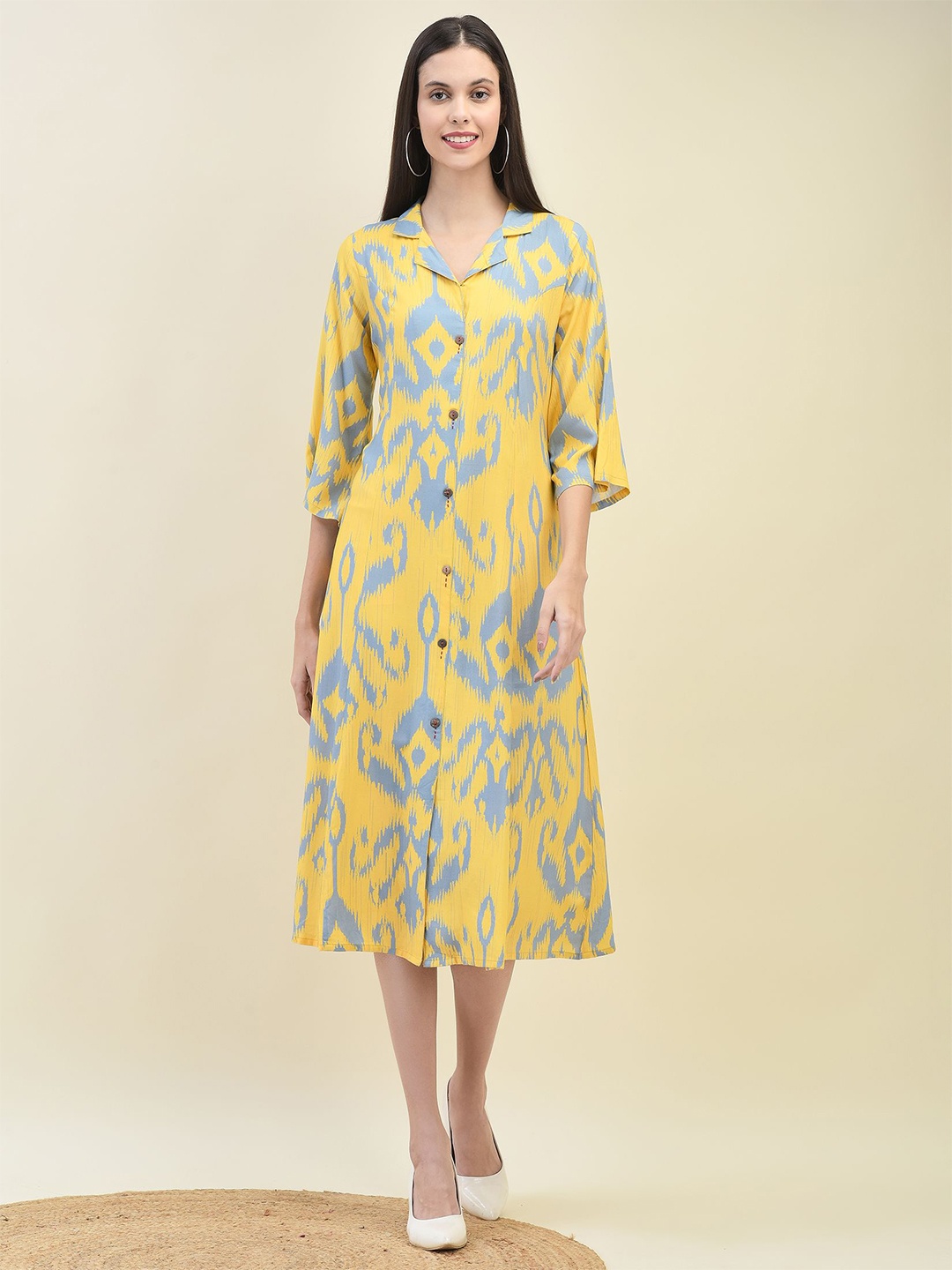 

Shree Women Floral Printed Flared Sleeve A-Line Midi Dress, Yellow