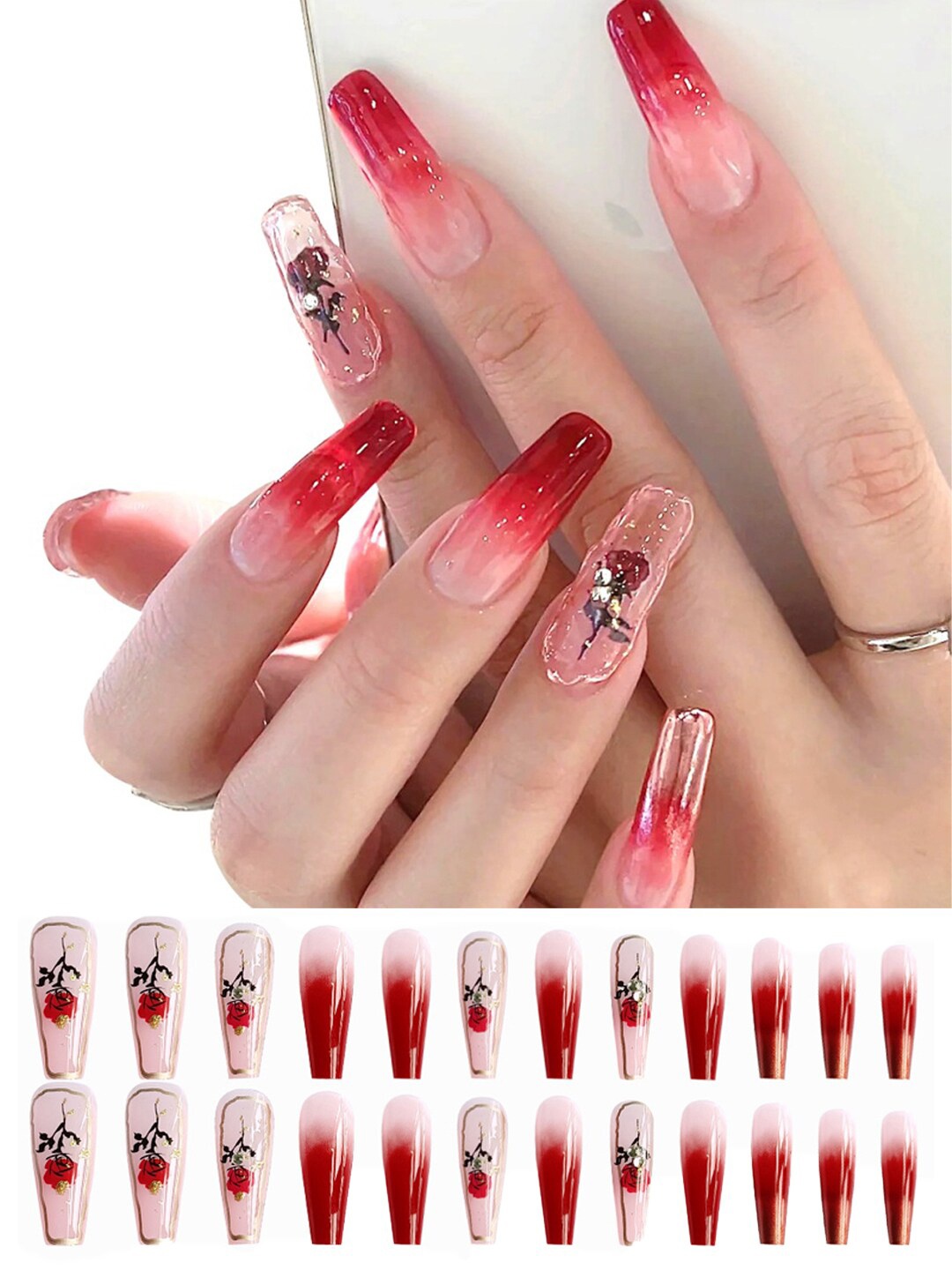 

Secret Lives 24 Pcs Glossy Long Rose Design Fake Nails - Red