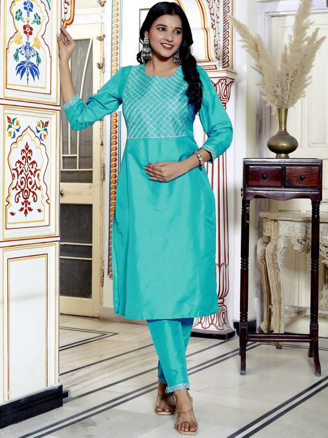 

ANTU KURTIES Women Embroidered Regular Thread Work Kurta with Trousers, Turquoise blue