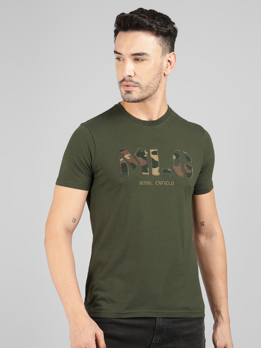 

Royal Enfield Men Typography Printed Round Neck Cotton T-shirt, Green