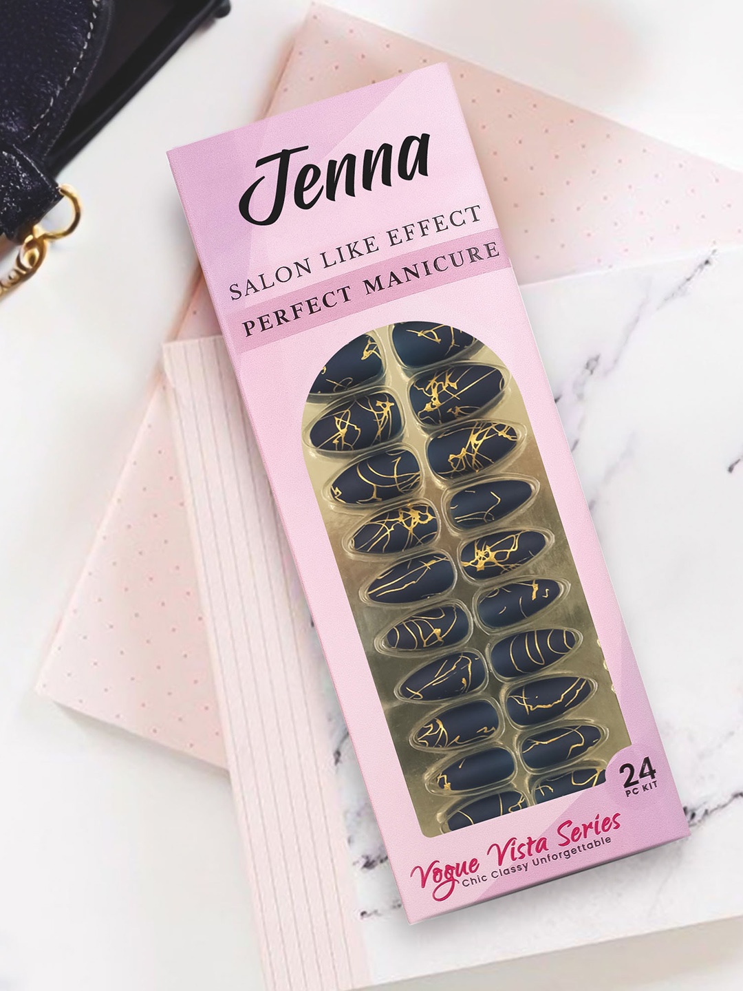 

JENNA Set Of 24 French Tip Almond Shape Press On Nails - Dark Blue