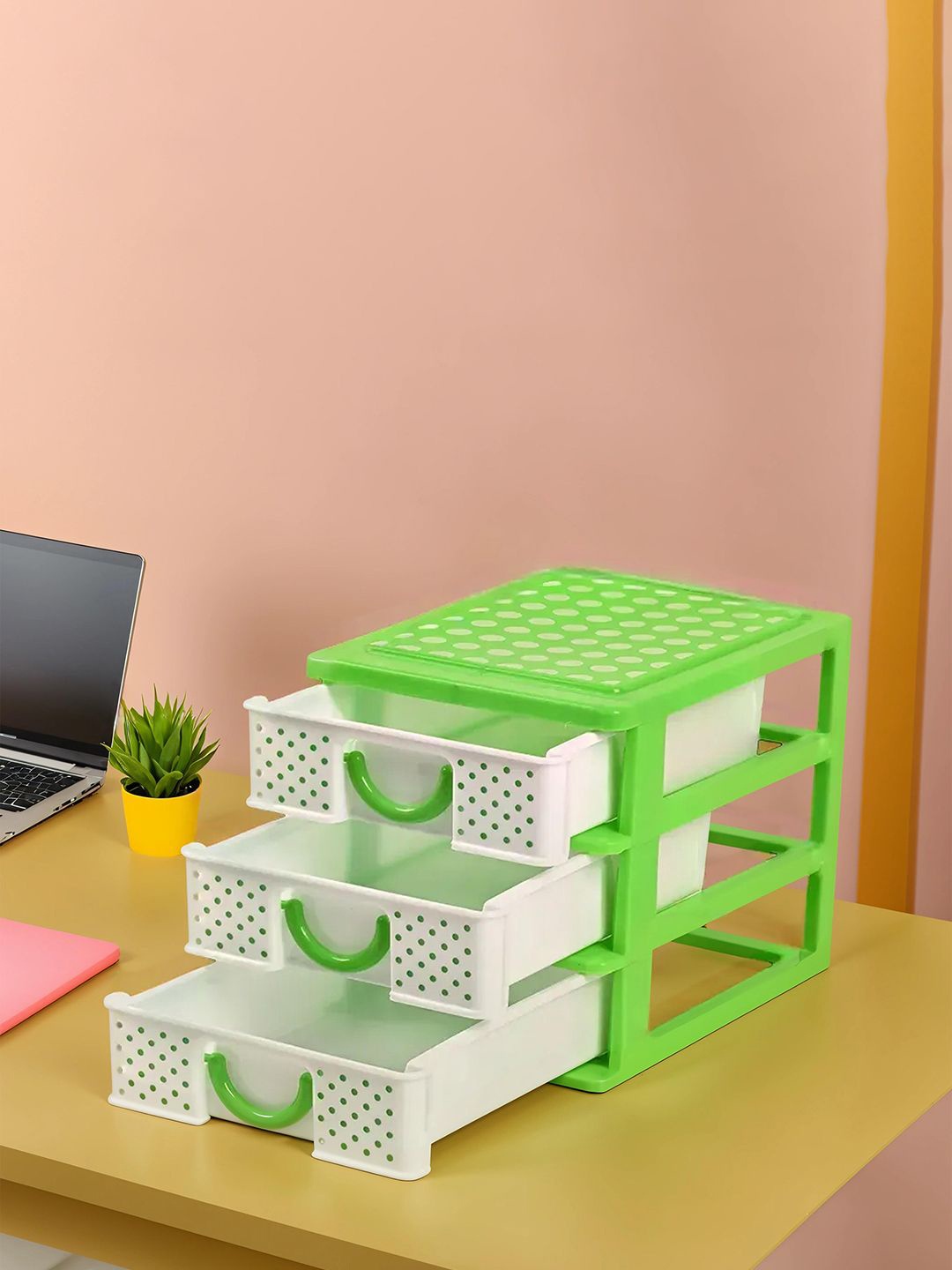 

Kuber Industries White & Green 2 Pieces Printed 3-Tier Reusable Makeup Organisers