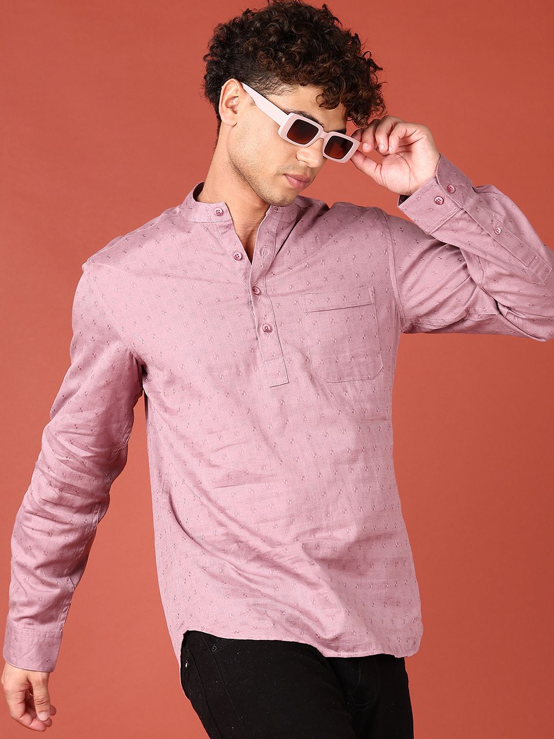 

V-Mart Men Band Collar Micro Ditsy Printed Cotton Slim Fit Casual Shirt, Pink