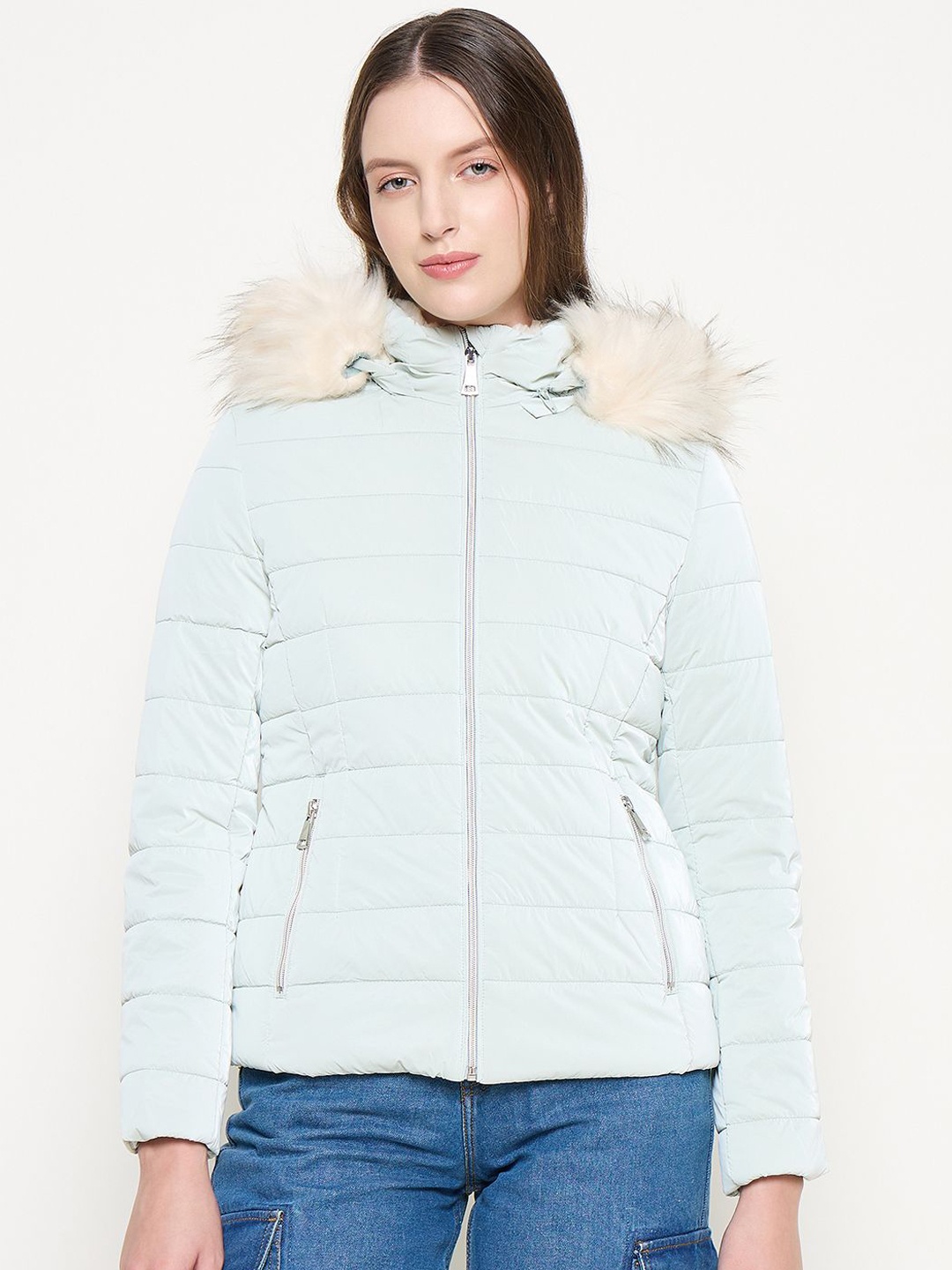 

Madame Women Mock Collar Solid Casual Puffer Jacket, Teal