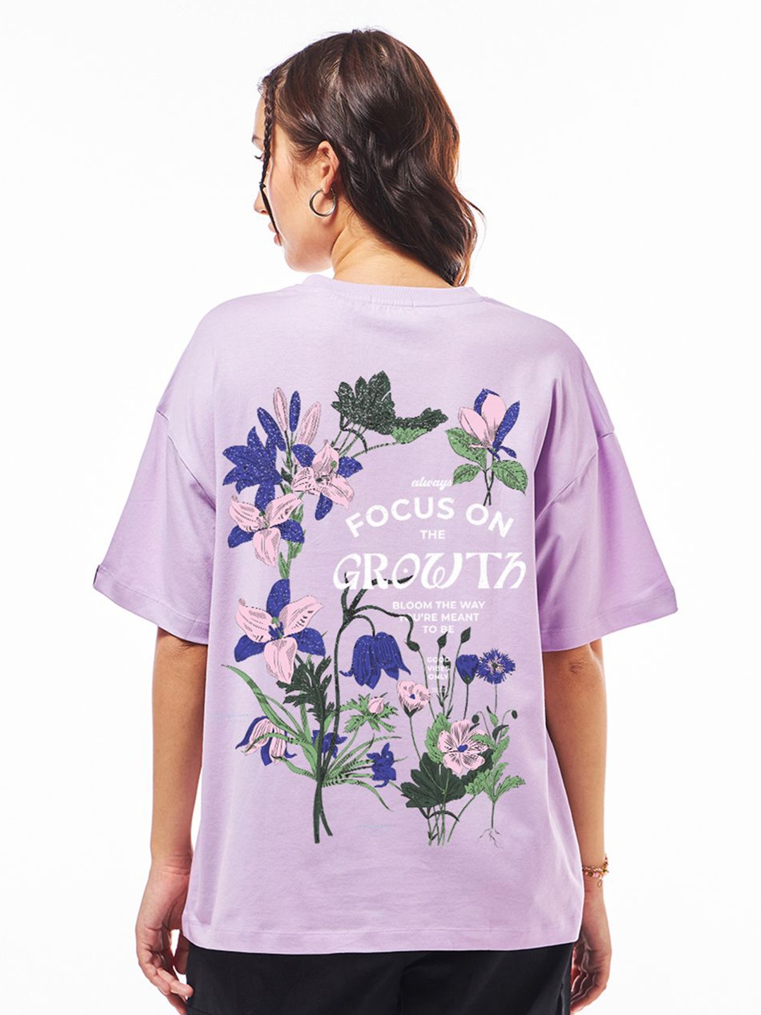 

Bewakoof Women Graphic Printed Round Neck Pure Cotton Oversized T-shirt, Purple