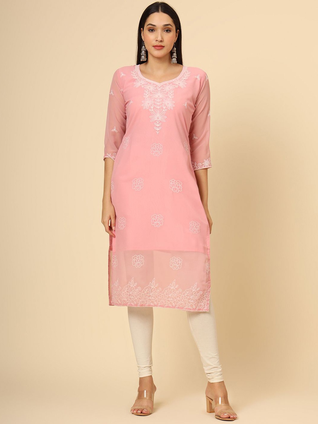 

HERE&NOW Pink Floral Embroidered Thread Work Georgette Straight Kurta