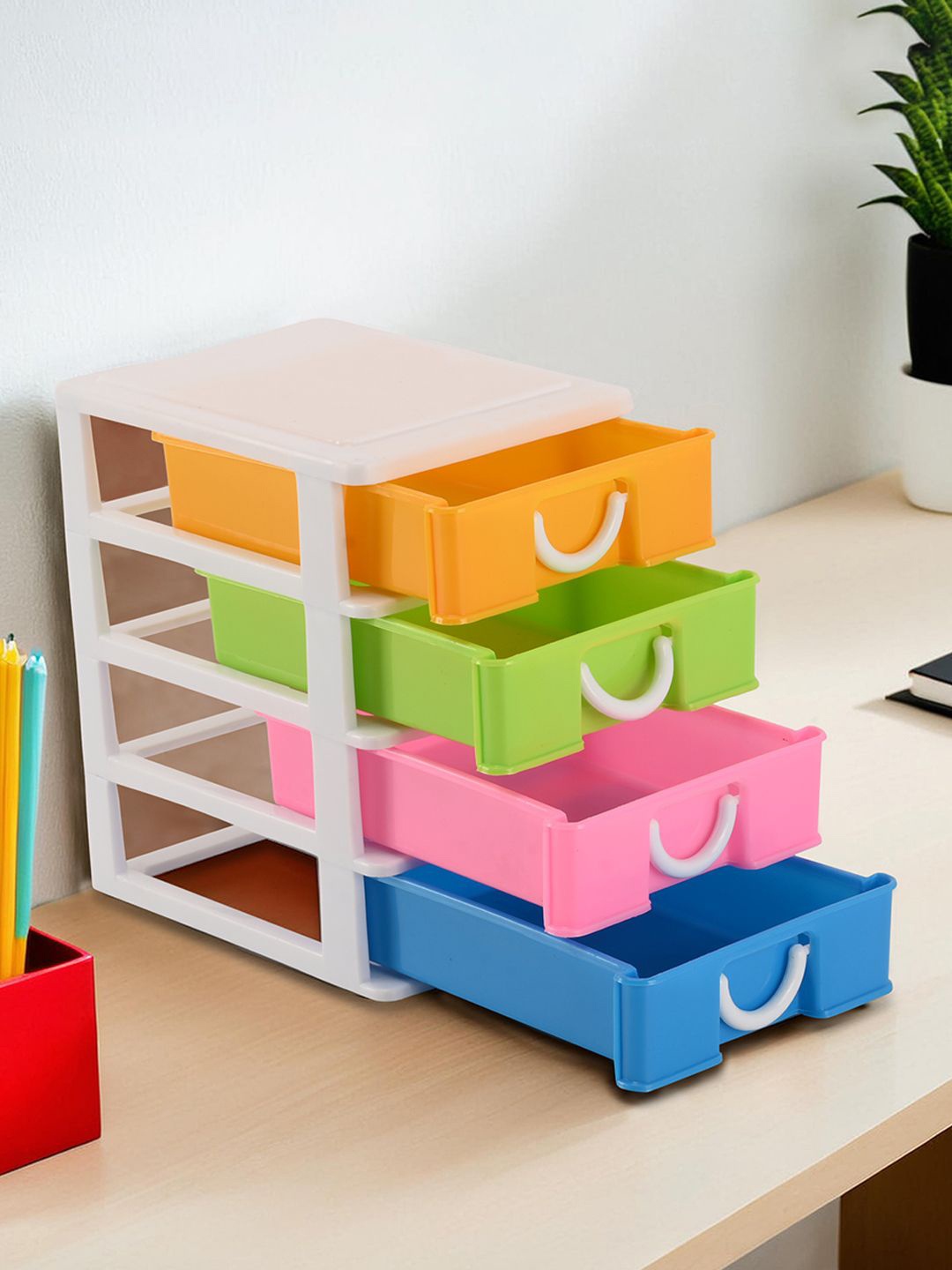 

Kuber Industries White & Pink Reusable 4-Tier Stationary Organiser