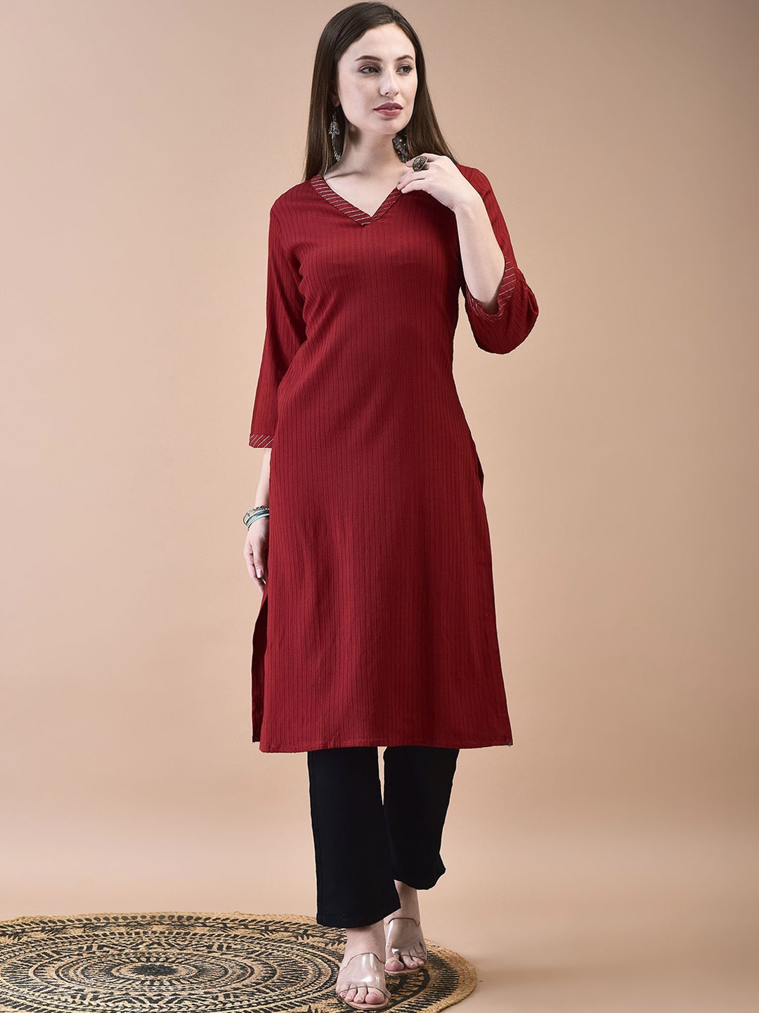 

Shree Striped Woven Design V-Neck Straight Kurta, Maroon