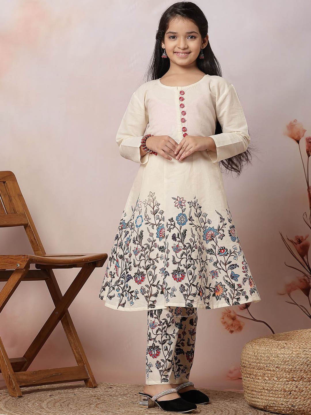 

KYDZI Girls Floral Printed Thread Work Pure Cotton Kurta with Trouser, Cream