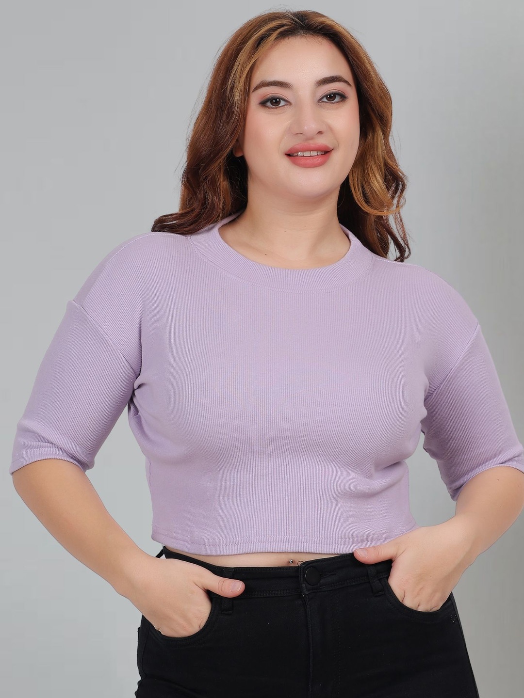 

Fabme Women Plus Size Round Neck Cotton Crop Top, Lavender